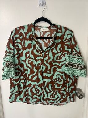 Vicolo Teal & Brown Printed Button-Front Blouse Boxy Top Abstract Resort Beach